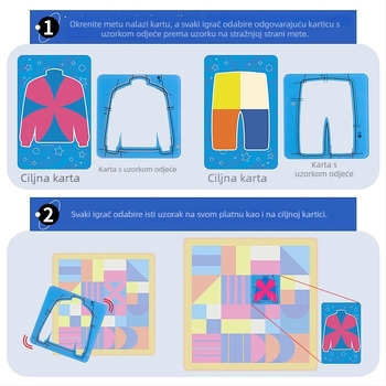 Dvopojasna stolna igra za djecu — obrazovna igra koja potiče reakciju i grafičko uočavanje, roditelj-dijete; Materijal: platno + akril; Uzrast 4–6 godina; Pakiranje: šarena kutija i OPP vrećica