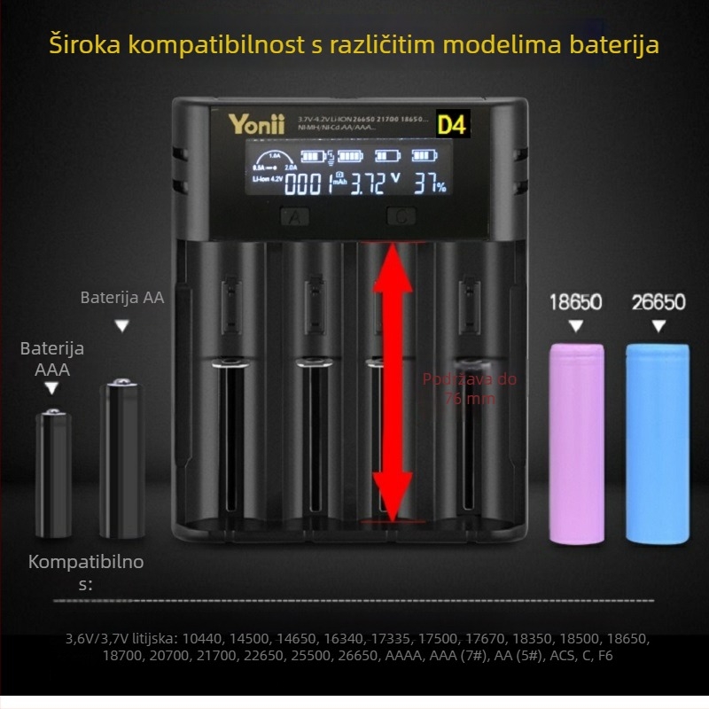 YONII 4‑slotni punjač za 18650/21700 Li‑ion i 26650 NiMH s LCD, ulaz 5V2A, izlaz 4.2V2A, struja punjenja 2000 mA