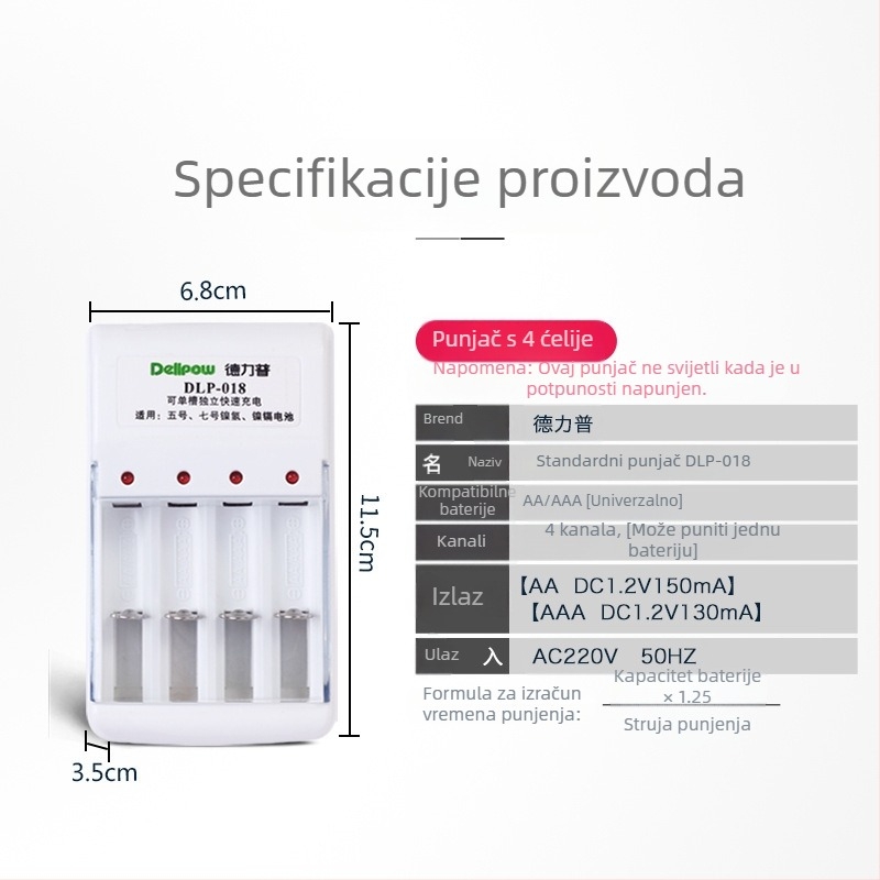 Delipu punjač baterija, 4 utora, univerzalan Ni-Cd/Ni-MH za baterije No.5 i No.7, ulaz 220V 50Hz, izlaz 1.2V DC, 150mA No.5 i 130mA No.7.