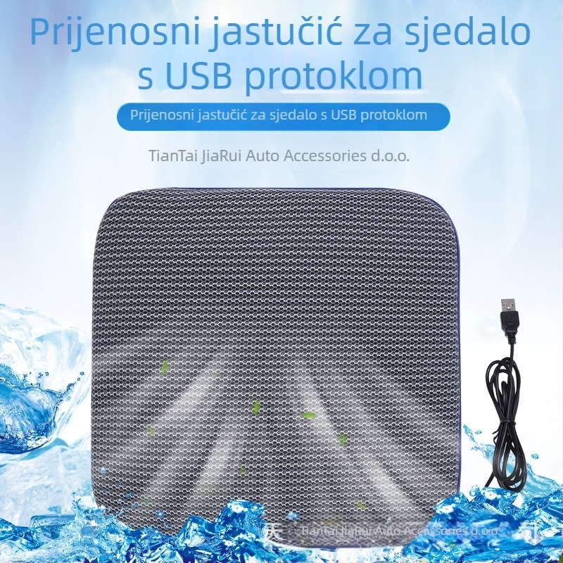 Ventilirana USB jastučić za hlađenje sjedala, jednodijelna konstrukcija, punilo poliester/PET, mogućnost prilagodbe