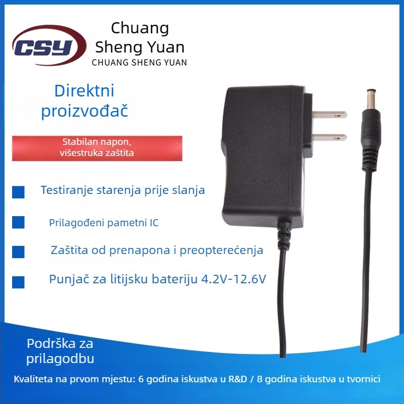Punjač polimernih Li-ion baterija za 18650 — 4.2V/1A, 8.4V/1A, 12.6V/1A; ulaz AC100-240V