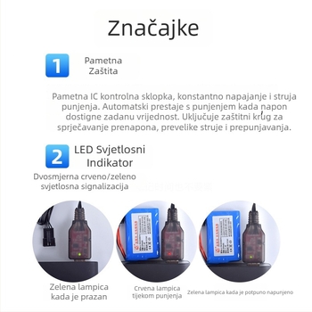 SM4P reverzni punjač za Li‑ion bateriju 7.4V (2S), 4‑pin, USB kabel, ulaz DC5V