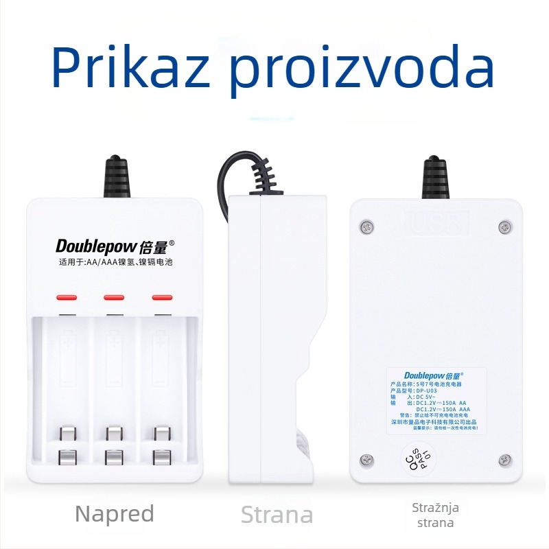 USB punjač za baterije s 3 pretincima za AA NiMH/NiCd, 1.2V, izlaz 150mA, ulaz 5V