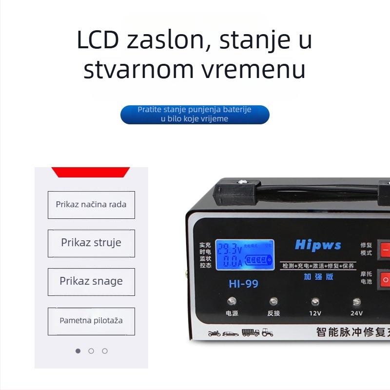 Auto punjač 12V/24V, nadograđeni inteligentni pulsni detektor i popravak baterije, 3-u-1 čelično kućište, Ulaz 90-240V AC, Izlaz 4.2V/2.9V DC