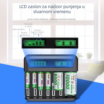 LCD višestruki punjač za baterije s 8 utora za C/D/AA/AAA — USB 2A ulaz, izlaz 1.2V 1800mA, CE potvrda