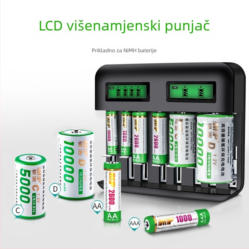 LCD višestruki punjač za baterije s 8 utora za C/D/AA/AAA — USB 2A ulaz, izlaz 1.2V 1800mA, CE potvrda