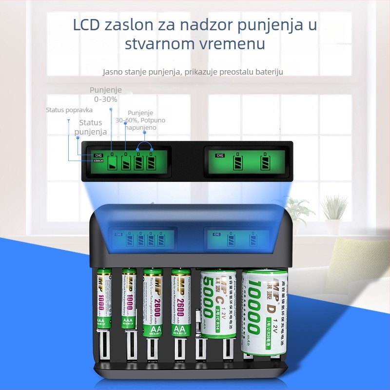 LCD višestruki punjač za baterije s 8 utora za C/D/AA/AAA — USB 2A ulaz, izlaz 1.2V 1800mA, CE potvrda