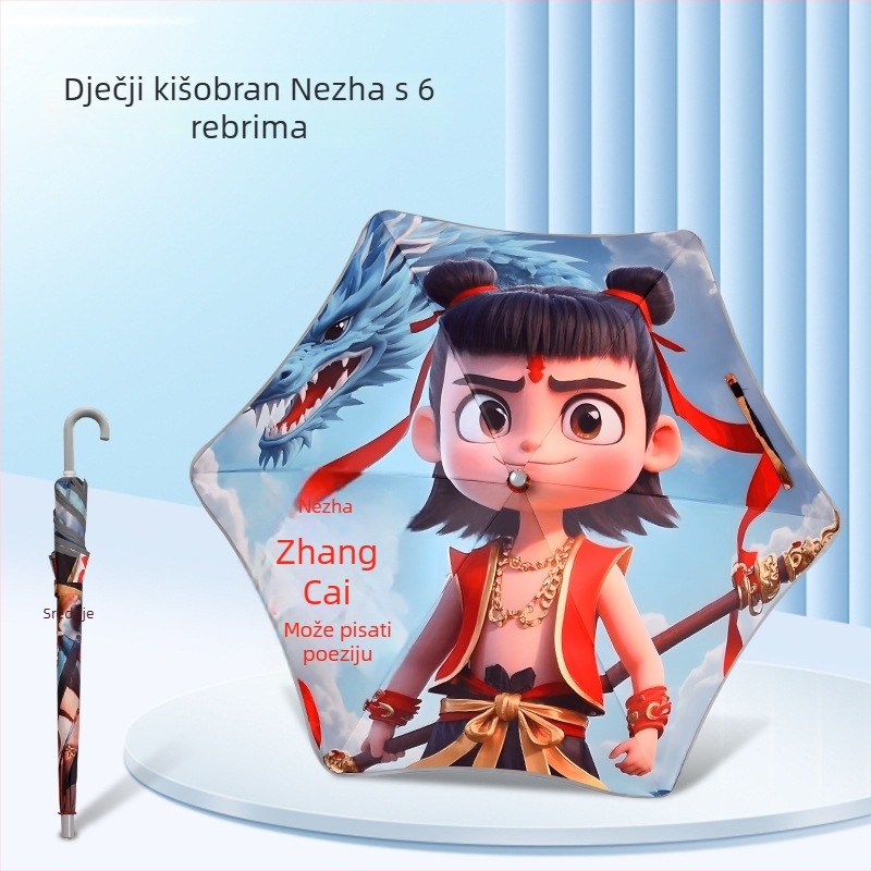 Dječji kišobran Nezha, cartoon dizajn, dugačak držač, 6 rebara, UV zaštita UPF>50, tkanina 190T s vinilnim premazom