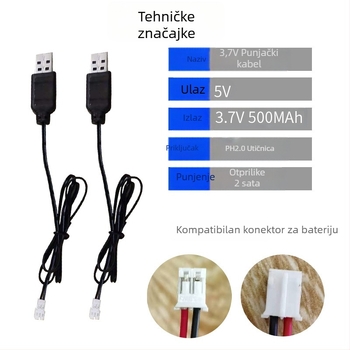 USB kabel za punjenje za polimersku litijsku bateriju 3,7V s PH2.0 priključkom, LED indikator i zaštita (Ulaz: 5V 0,5–2A; Izlaz: 3,7V 500mA; CE)