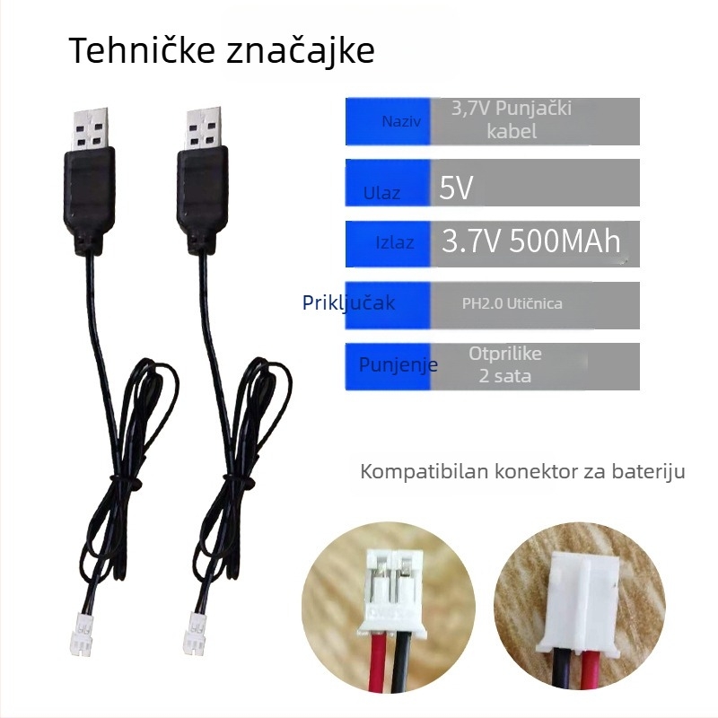 USB kabel za punjenje za polimersku litijsku bateriju 3,7V s PH2.0 priključkom, LED indikator i zaštita (Ulaz: 5V 0,5–2A; Izlaz: 3,7V 500mA; CE)