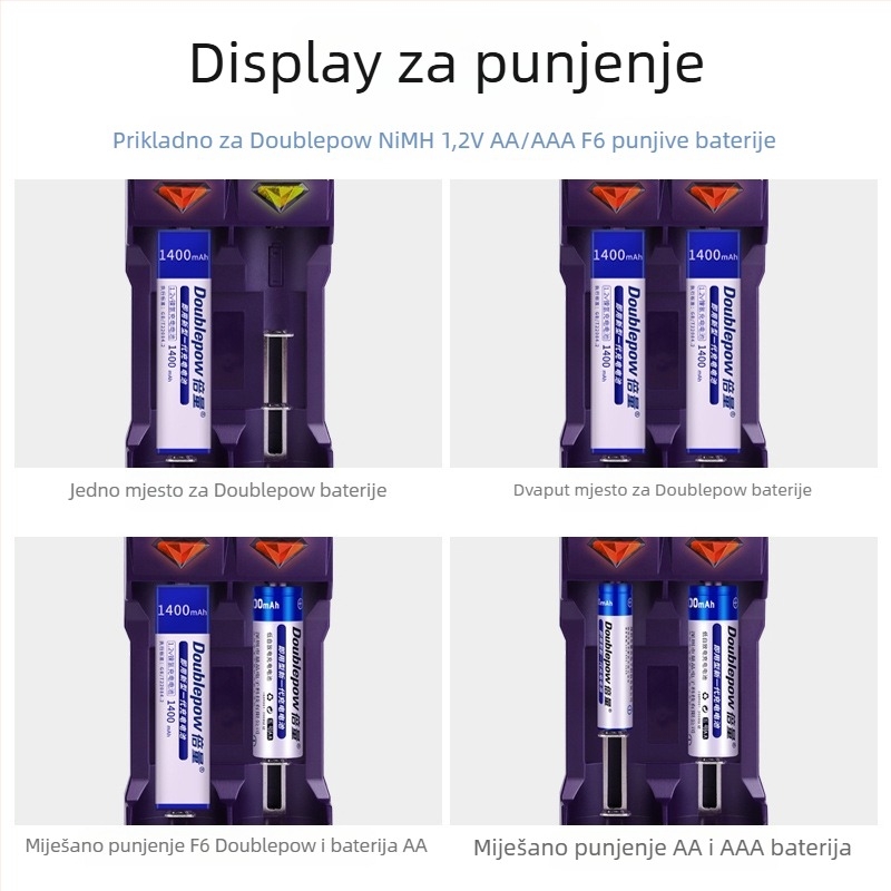 Ni-MH punjač s 2 utičnicama, pametno punjenje za 1.2V baterije, ulaz 500mA, izlaz 500mA