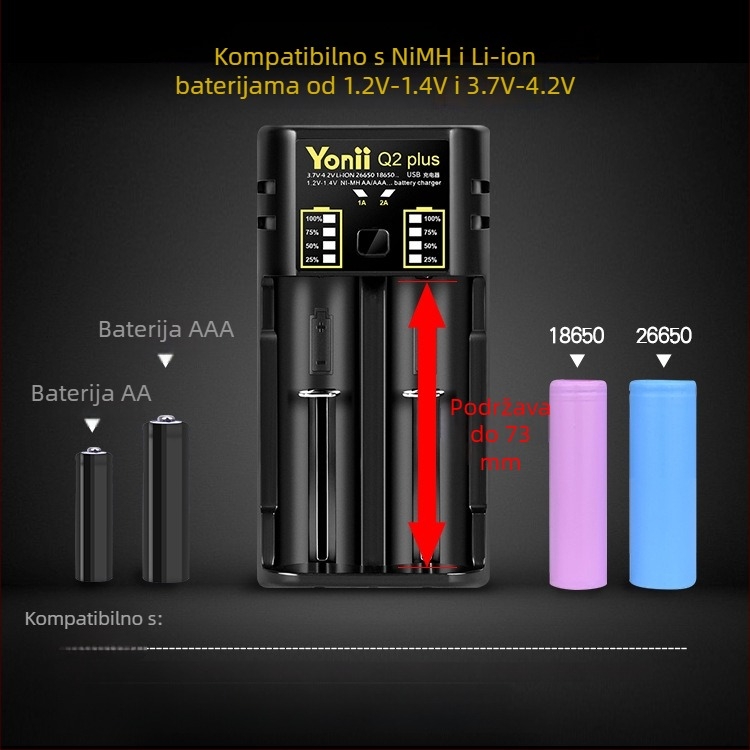YONII Q2 Plus punjač baterija, ulaz DC5V/1-2A, izlaz DC5V2A