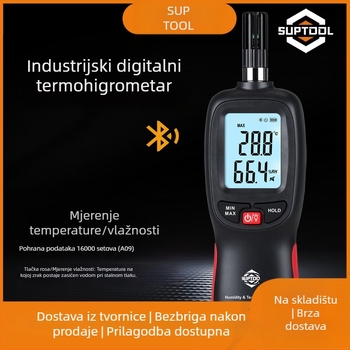 Ručni Bluetooth termometar i higrometar s digitalnim prikazom — SUPTOOL, napajan AAA baterijom, za tvornice i laboratorije