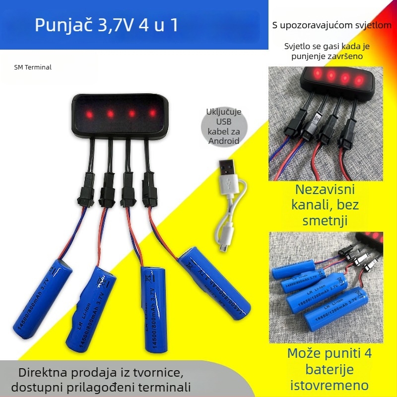 Punjač za Li‑ion baterije 18650/14500, 4-portni višenamjenski punjač, ulaz 5V 0,5–2A, struja punjenja 250 mA, 3,7V serija