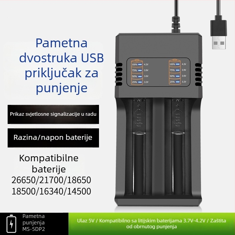 USB dvostruki punjač Li-ion baterija 18650/21700/26650 | Ulaz DC5.0V, Izlaz DC4.2V-2000mA, USB, CE certifikat
