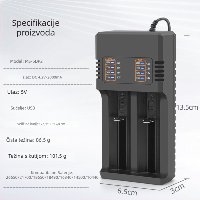USB dvostruki punjač Li-ion baterija 18650/21700/26650 | Ulaz DC5.0V, Izlaz DC4.2V-2000mA, USB, CE certifikat