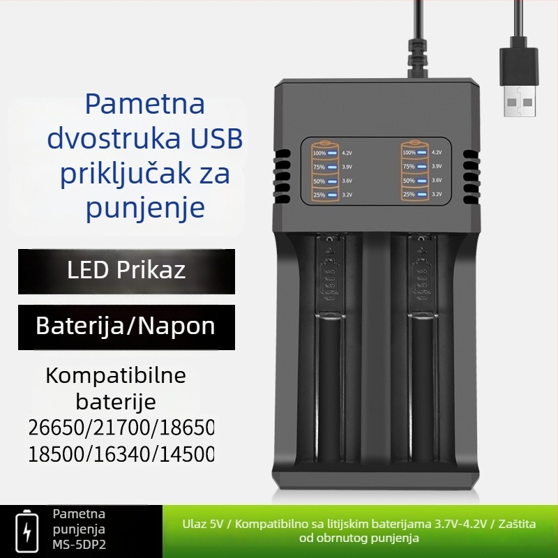 USB dvostruki punjač Li-ion baterija 18650/21700/26650 | Ulaz DC5.0V, Izlaz DC4.2V-2000mA, USB, CE certifikat
