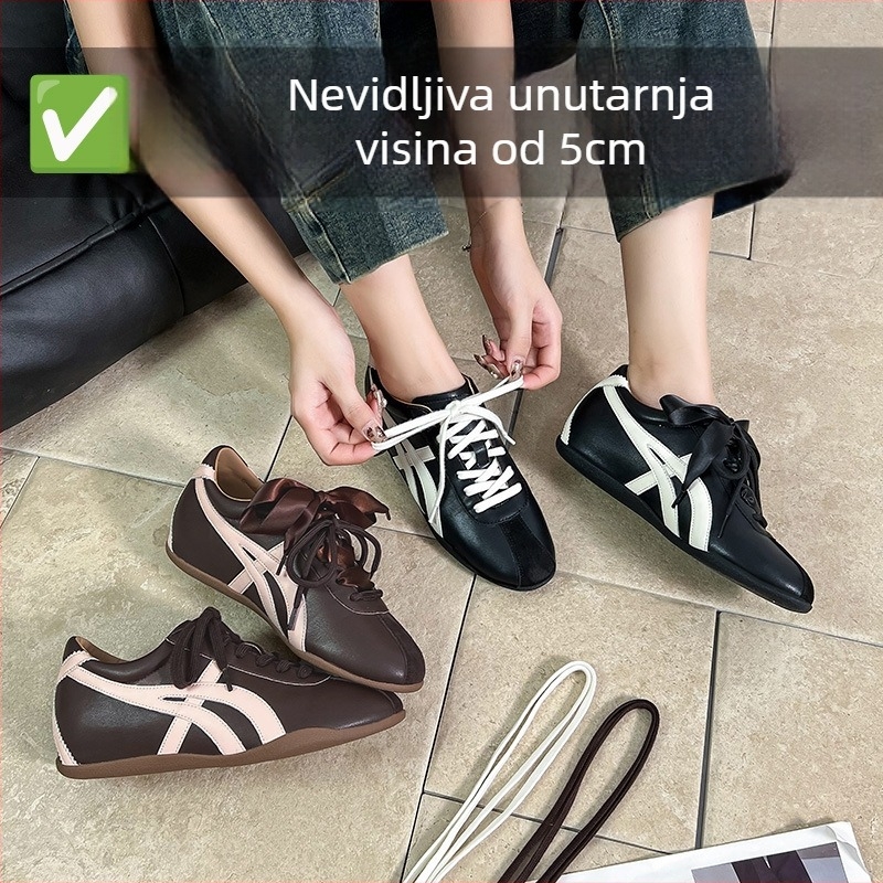 Ženske tenisice s skrivenim povećanjem visine 3-5 cm, brušena koža (suede), vezanje, gumeni potplat