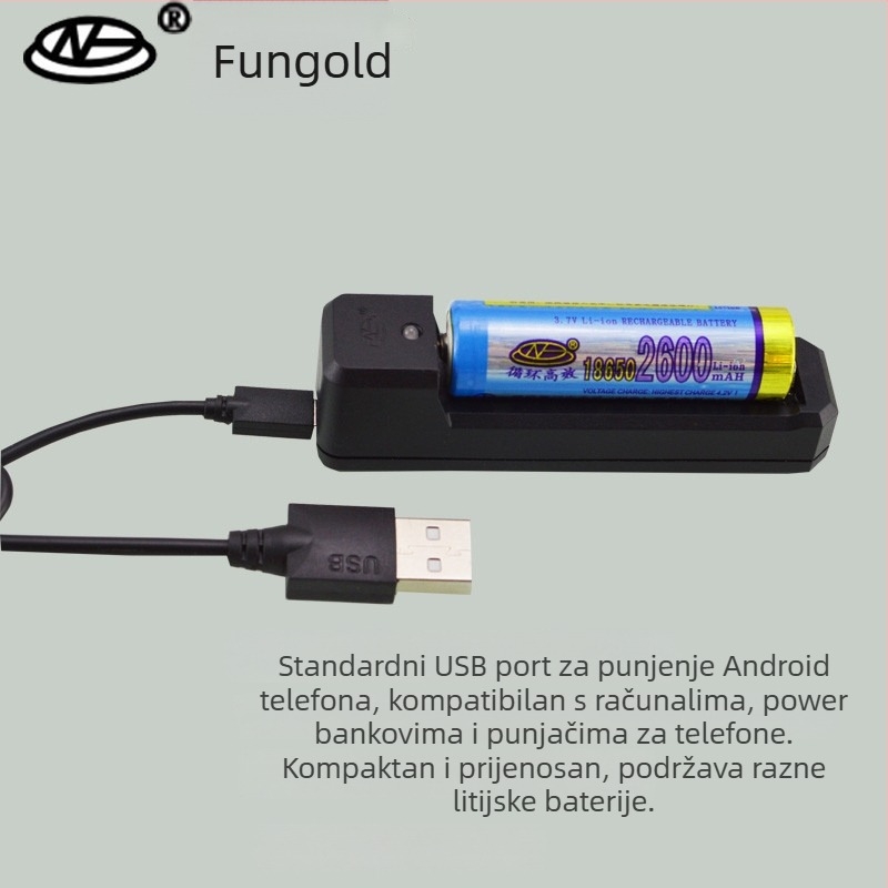 Punjač Li-ion baterija s jednim utorom, USB ulaz 5V, kompatibilan s 18650/10400/14500/16340, izlaz 4.2V 0.5A, 3.7V nominal