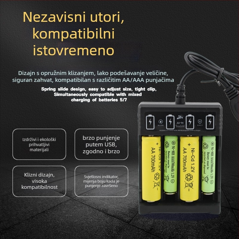 USB punjač za baterije Ni-MH/Ni-Cd s 4 utora No.5/No.7, ulaz 5V, izlaz 1.2V, punjački tok 250 mA
