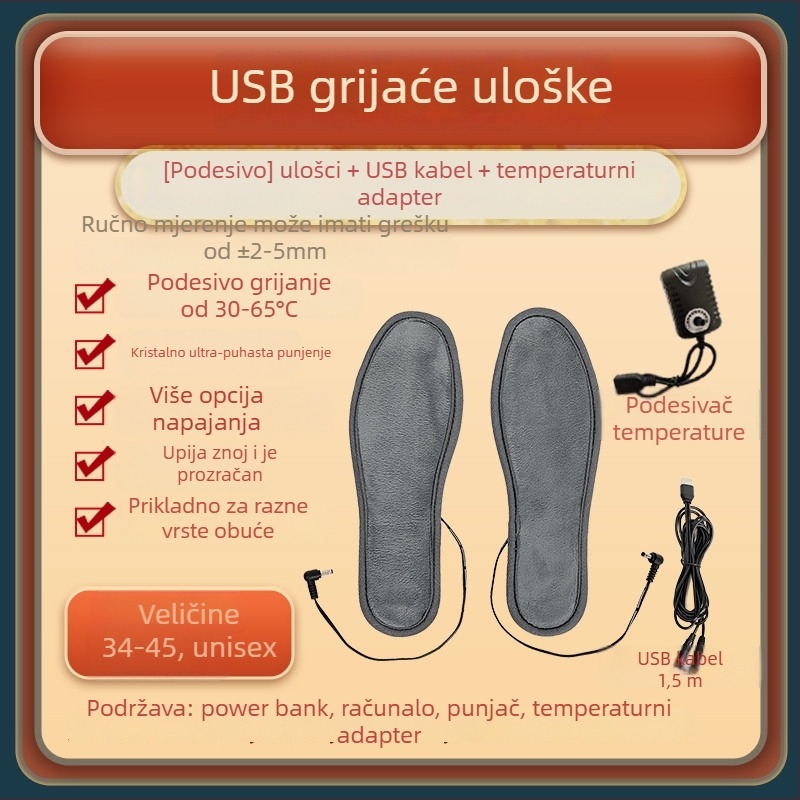 USB punjive električne grijane papuče s podesivom temperaturom i grijanim ulošcima, kožni gornji dio