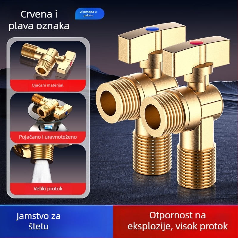 Meden kutni ventil, trostruki ventil za plinski bojler, topla/hladna voda, model 5612, ručna ugradnja, tlak 0-0,9 MPa, 120 g