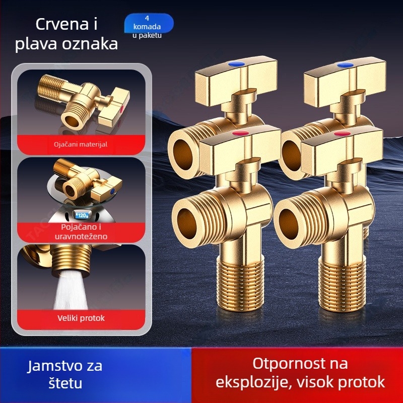 Meden kutni ventil, trostruki ventil za plinski bojler, topla/hladna voda, model 5612, ručna ugradnja, tlak 0-0,9 MPa, 120 g
