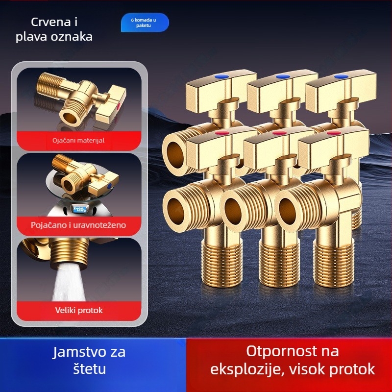 Meden kutni ventil, trostruki ventil za plinski bojler, topla/hladna voda, model 5612, ručna ugradnja, tlak 0-0,9 MPa, 120 g