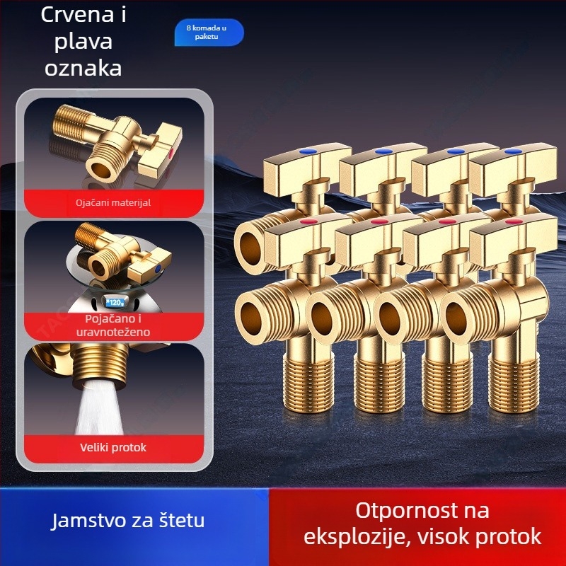 Meden kutni ventil, trostruki ventil za plinski bojler, topla/hladna voda, model 5612, ručna ugradnja, tlak 0-0,9 MPa, 120 g