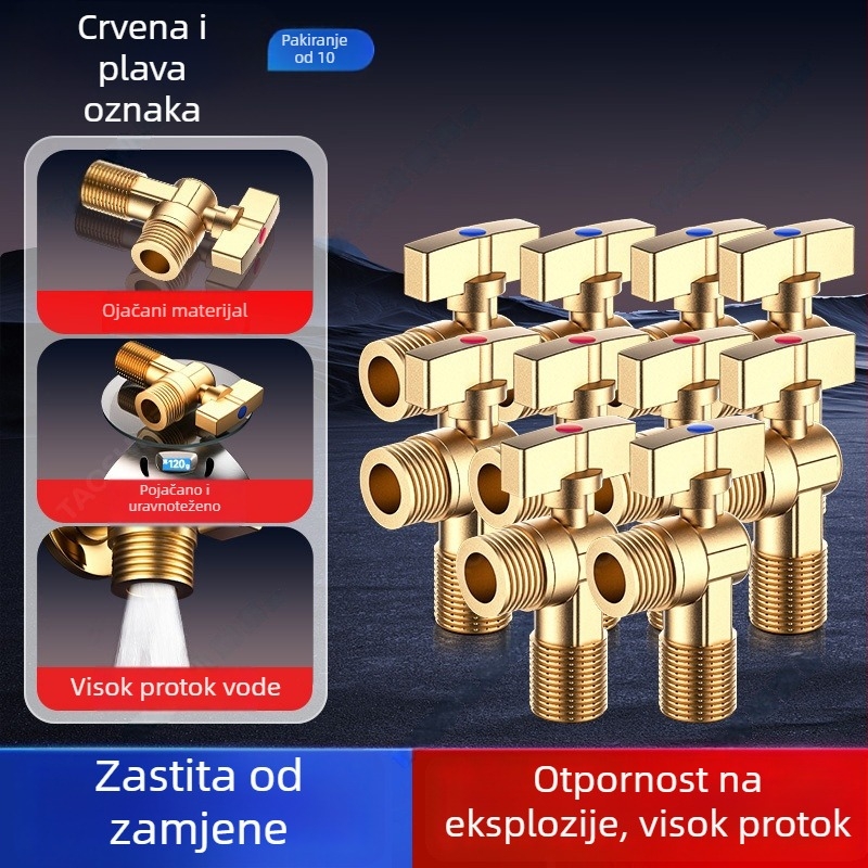 Meden kutni ventil, trostruki ventil za plinski bojler, topla/hladna voda, model 5612, ručna ugradnja, tlak 0-0,9 MPa, 120 g
