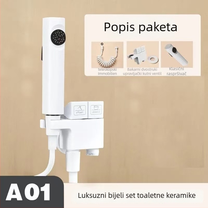 Kupaonski diverter ventil s pištoljem za prskanje, set – model: 1 ulaz, 2 izlaza; materijal: bakarna legura; unutarnji promjer: 4 mm; ugradnja: rotacijska