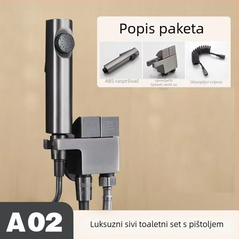 Kupaonski diverter ventil s pištoljem za prskanje, set – model: 1 ulaz, 2 izlaza; materijal: bakarna legura; unutarnji promjer: 4 mm; ugradnja: rotacijska