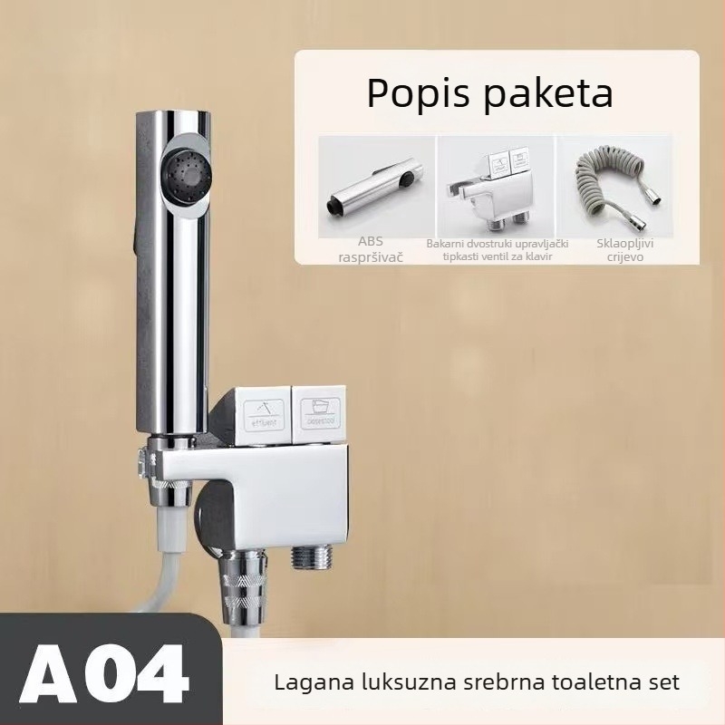 Kupaonski diverter ventil s pištoljem za prskanje, set – model: 1 ulaz, 2 izlaza; materijal: bakarna legura; unutarnji promjer: 4 mm; ugradnja: rotacijska