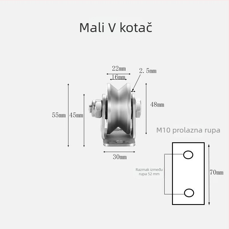 Vodilica kolut za klizna vrata, 304 nehrđajući čelik, konfiguracije V, U i I