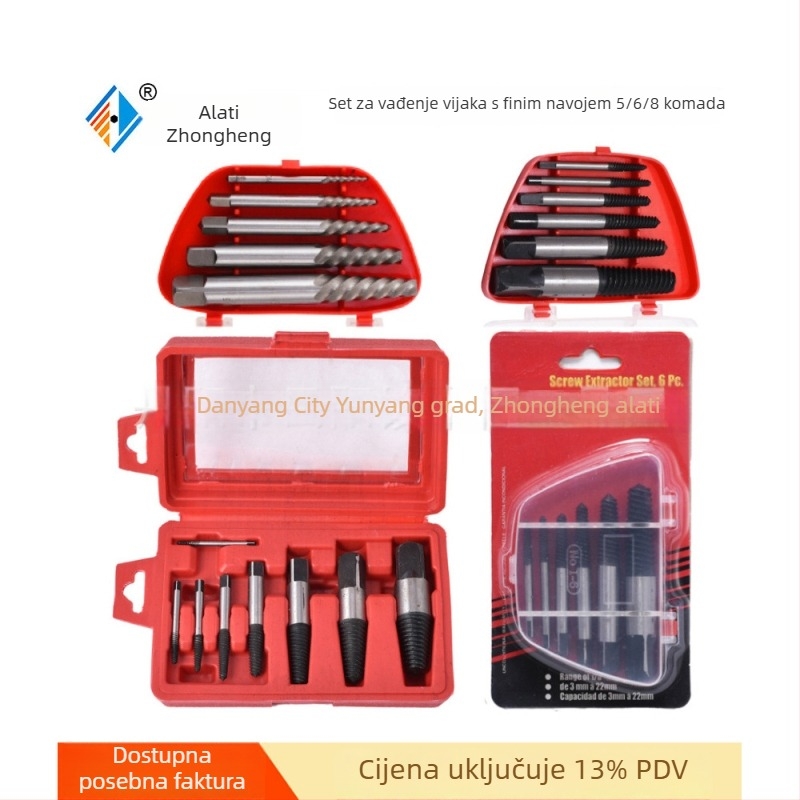 Set ekstraktora vijaka s finim zubom za vađenje slomljenih vijaka | 5-dijelni set | Veličine 5/6/8/11 | Materijal: ugljični čelik i krom-molibden čelik