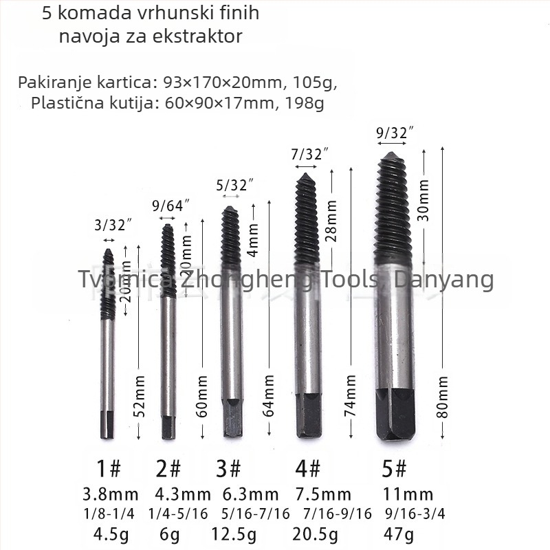 Set ekstraktora vijaka s finim zubom za vađenje slomljenih vijaka | 5-dijelni set | Veličine 5/6/8/11 | Materijal: ugljični čelik i krom-molibden čelik