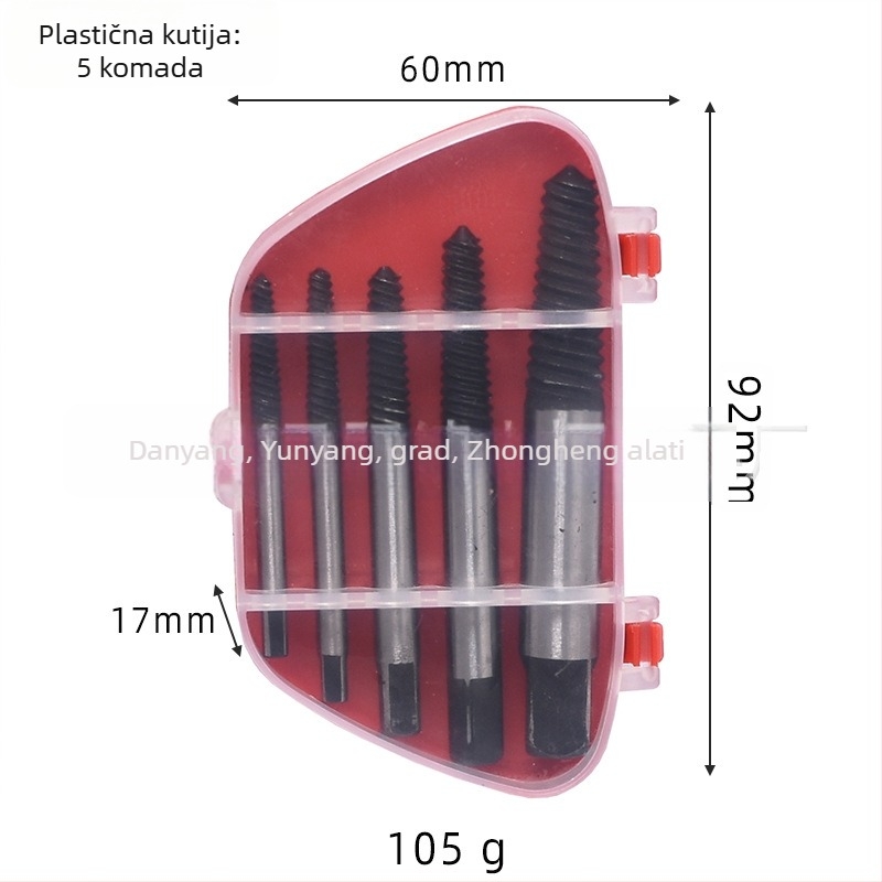 Set ekstraktora vijaka s finim zubom za vađenje slomljenih vijaka | 5-dijelni set | Veličine 5/6/8/11 | Materijal: ugljični čelik i krom-molibden čelik