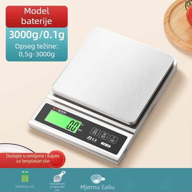 Kuhinjska vaga Longbei LB-18, raspon vaganja 0,5 g–3 kg, elektronička, napajanje USB ili 2 suha baterije