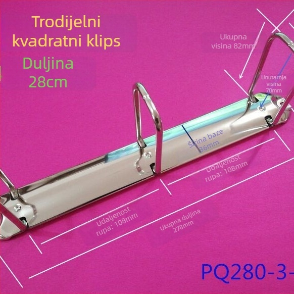 Držač za dokumente, Q-oblik, s tri otvora, metalni, model PQ280-3-65/36, A4 format, kartonsko pakiranje