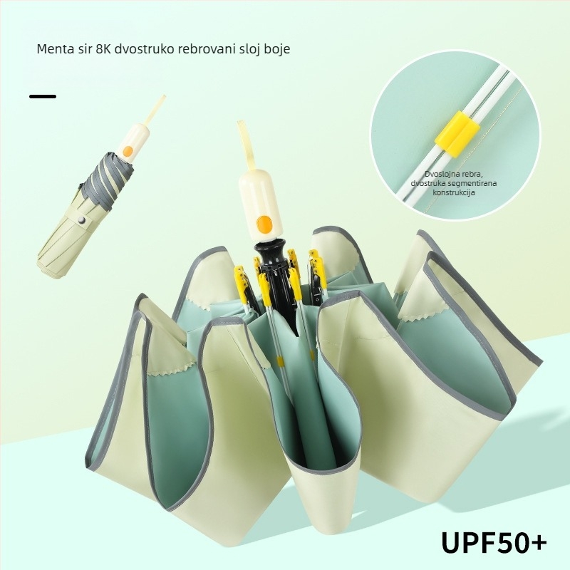 Fulilai automatski suncobran s UPF>50, 8 rebara od fiberglasa i čelični osov (automatsko otvaranje i zatvaranje, UPF>50, 8 rebara, čelični osov)