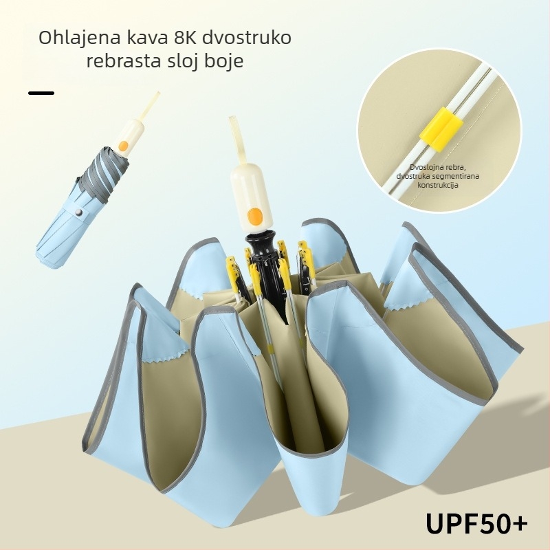 Fulilai automatski suncobran s UPF>50, 8 rebara od fiberglasa i čelični osov (automatsko otvaranje i zatvaranje, UPF>50, 8 rebara, čelični osov)