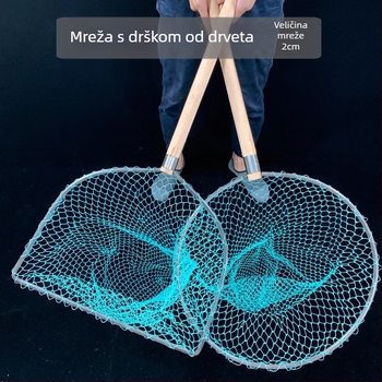 Ribarska mreža s drvenom drškom, željezni obruč, veliko oko, devet niti debelog žica