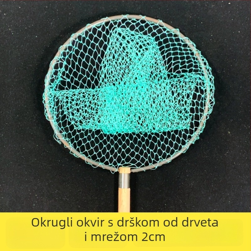 Ribarska mreža s drvenom drškom, željezni obruč, veliko oko, devet niti debelog žica