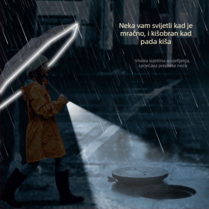 Dječji kišobran s LED osvjetljenjem, automatsko otvaranje i zatvaranje, okvir od legure s 8 rebara, karikaturni dizajn, UV zaštita UPF50+