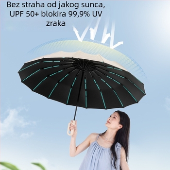 Suncobran sa 16 rebara, automatsko otvaranje i zatvaranje, UV zaštita, dvostruka upotreba za sunce i kišu, ispis logotipa.
