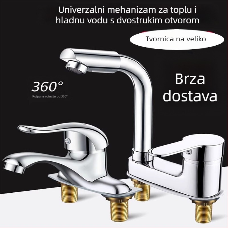 Dvostruka slavina za umivaonik s dvije rupe – potpuno bakar, dvostruka kontrola, keramički disk ventil, 0–90°C, 0,8–1,2 MPa