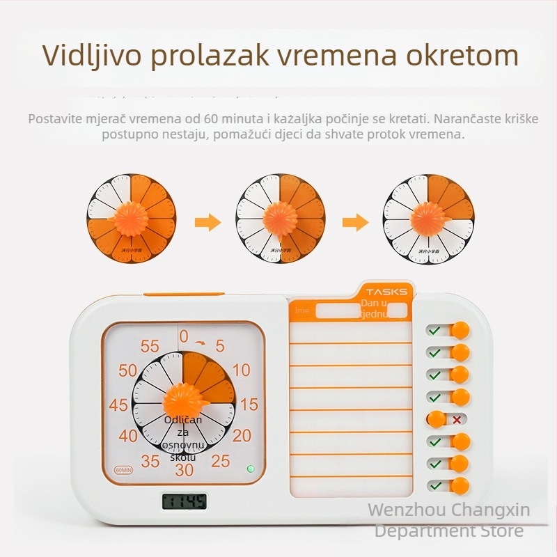 Timer za upravljanje vremenom – tiho vizualni timer zadataka za učenike, pokazivač + digitalni zaslon, kretanje: Light Wave, kućište: legura, pravokutni dizajn, napajanje: suha baterija