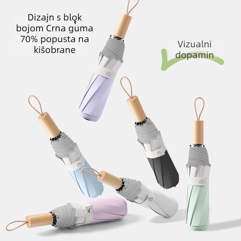 Ženski preklopni kišobran za sunce i kišu, UPF50+, moguć ispis logotipa, 8-rebrasti okvir s čeličnim srednjim osovinama, drška od drveta, ručno otvaranje i zatvaranje