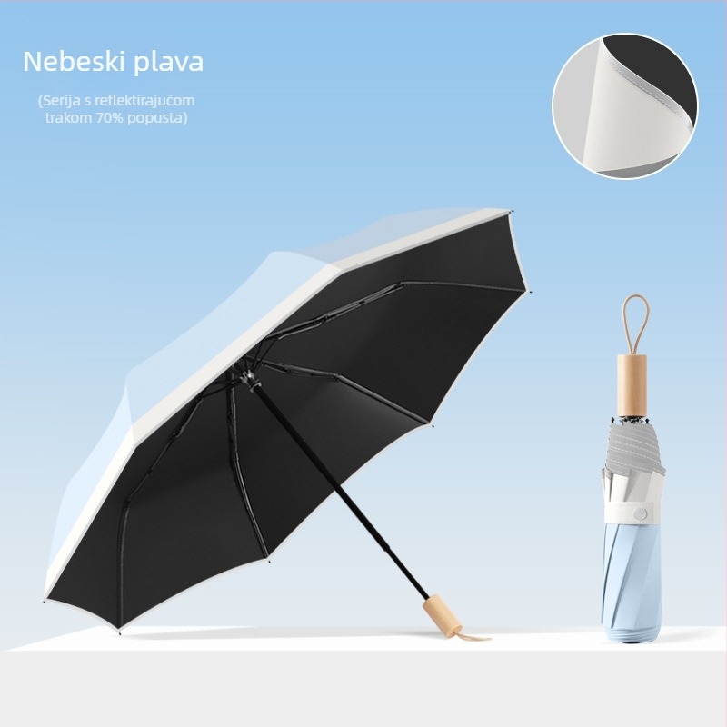 Ženski preklopni kišobran za sunce i kišu, UPF50+, moguć ispis logotipa, 8-rebrasti okvir s čeličnim srednjim osovinama, drška od drveta, ručno otvaranje i zatvaranje