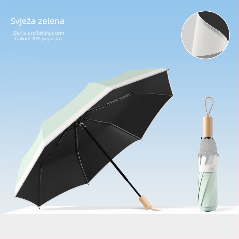 Ženski preklopni kišobran za sunce i kišu, UPF50+, moguć ispis logotipa, 8-rebrasti okvir s čeličnim srednjim osovinama, drška od drveta, ručno otvaranje i zatvaranje